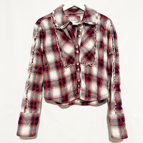 NWT Free People Plaid Ruffle Button Down Shirt Red Western Flannel Top Medium - Picture 6 of 9